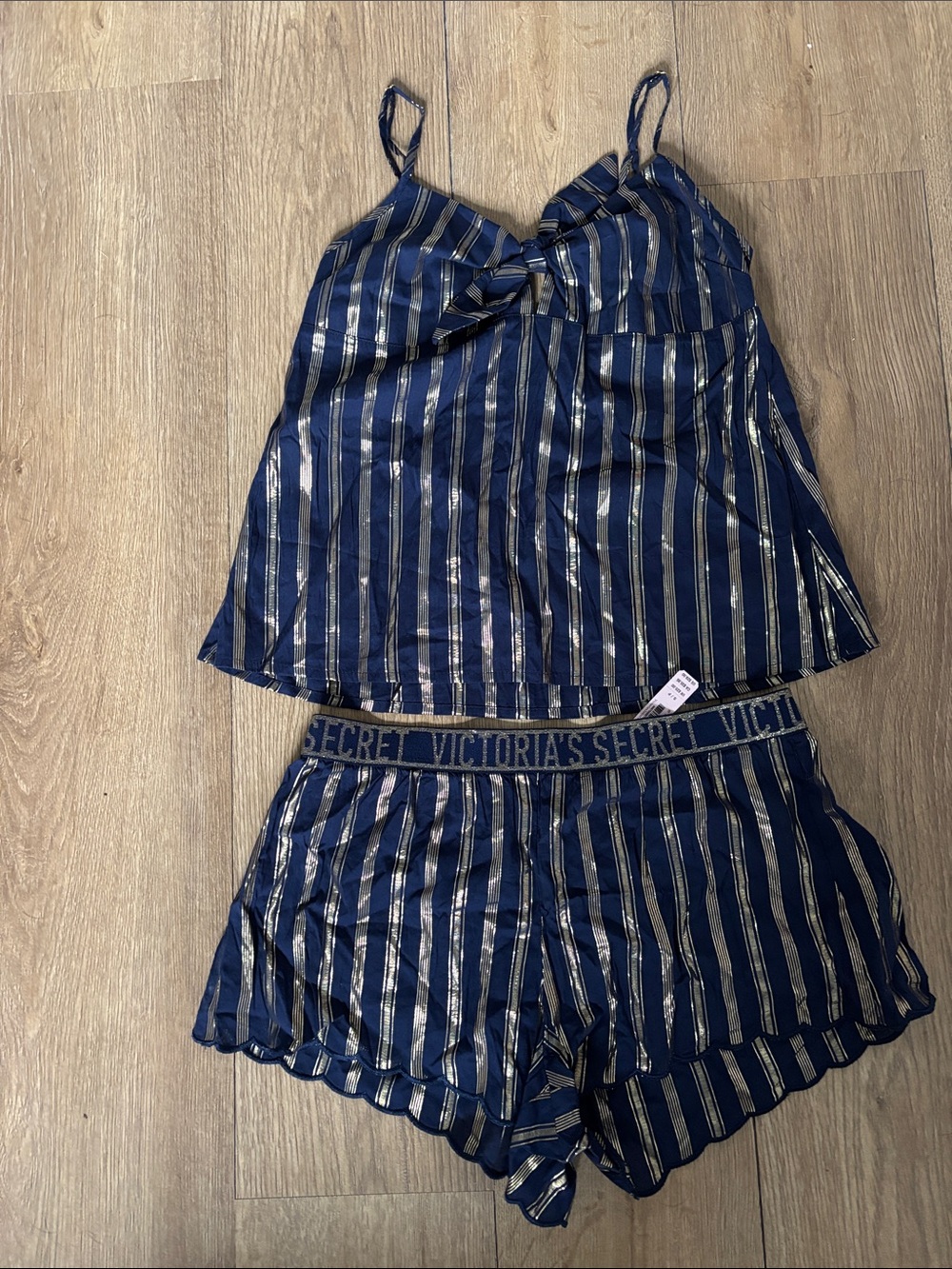 Victoria's Secret Navy and Gold Striped Satin Cami & Short Set